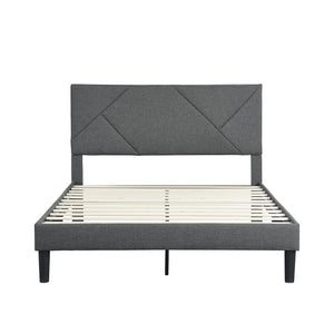 English Elm Queen Upholstered Platform Bed Tailored Grey Fabric Frame with Wood Slat Foundation W311110545