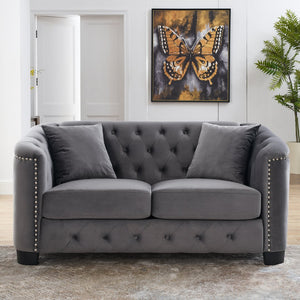 English Elm 59-Inch Modern Chesterfield Velvet Sofa with Tufted Back & Nailhead Arms, Plush 2-Seater Comfort Grey W834S00519