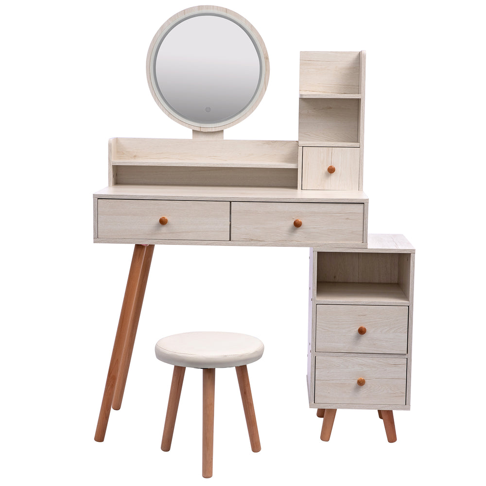 English Elm CRAZY Elegant Vanity Table Set with Cushioned Stool, Touch LED Mirror, 5 Drawers & Spacious Storage, Adjustable Length W936110479