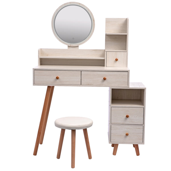 English Elm CRAZY Elegant Vanity Table Set with Cushioned Stool, Touch LED Mirror, 5 Drawers & Spacious Storage, Adjustable Length W936110479