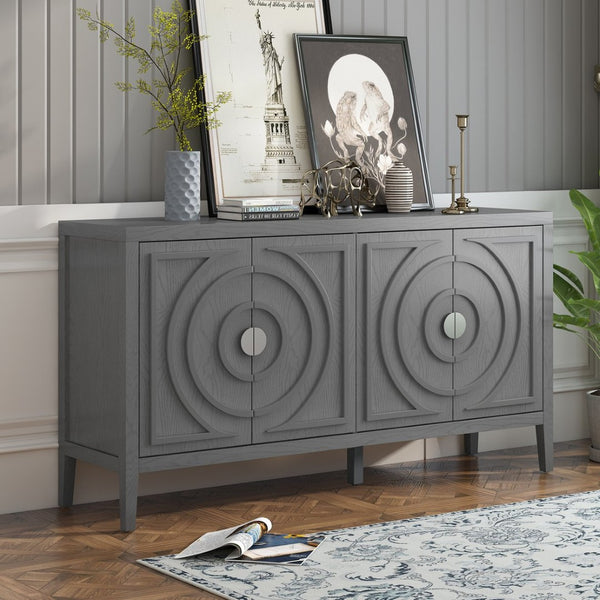English Elm Trexm Vintage Four Door Sideboard Rubberwood Carved Panels Round Handles Dining Storage Gray WF307723AAE