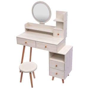 English Elm CRAZY Elegant Vanity Table Set with Cushioned Stool, Touch LED Mirror, 5 Drawers & Spacious Storage, Adjustable Length W936110479