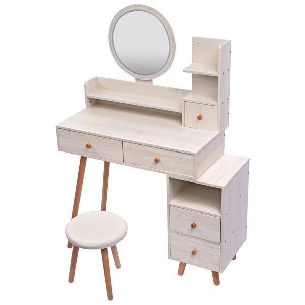 English Elm CRAZY Elegant Vanity Table Set with Cushioned Stool, Touch LED Mirror, 5 Drawers & Spacious Storage, Adjustable Length W936110479
