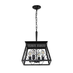 English Elm (Same As W1340111203/L1009) 16" Black Industrial Pendant Chandelier, 4-Light Metal Cage Design, Adjustable Style W1340P206636