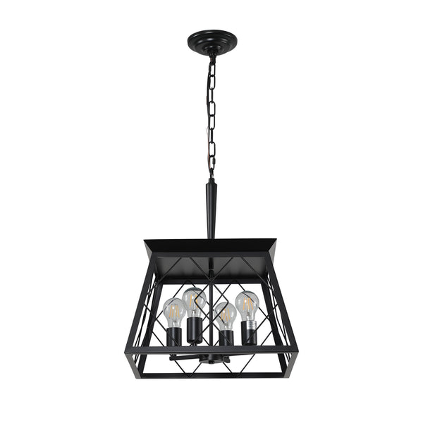 English Elm (Same As W1340111203/L1009) 16" Black Industrial Pendant Chandelier, 4-Light Metal Cage Design, Adjustable Style W1340P206636
