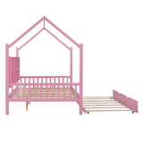 English Elm Wooden Full Size House Bed With Trundle,Kids Bed With Shelf,Pink