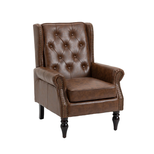 English Elm Wood Solid Frame Armchair Modern Accent Lounge Chair with Padded Foam Seat and Sturdy Rubberwood Legs Brown PU W395109980