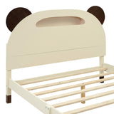 English Elm Full Size Wood Platform Bed With Bear-Shaped Headboard,Bed With Motion Activated Night Lights,Cream+Walnut