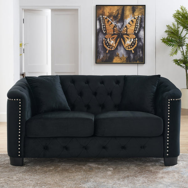 English Elm 59-Inch Modern Chesterfield Velvet Sofa with Tufted Back & Nailhead Arms, Plush 2-Seater Comfort Black W834S00521