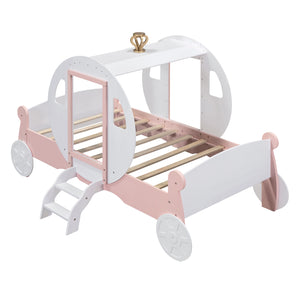 Hearth and Haven Zing Twin Size Princess Carriage Bed with Stair, White and Pink HL000054AAK