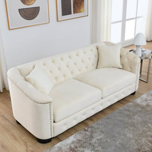 English Elm 77-inch Chesterfield Velvet Sofa Tufted Three Seat Nailhead Trim Living Room Couch Beige W834S00646