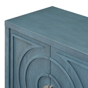 English Elm Trexm Vintage Four Door Sideboard Rubberwood Carved Panels Round Handles Dining Storage Antique Blue WF307723AAM