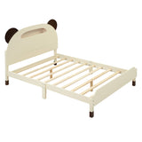 English Elm Full Size Wood Platform Bed With Bear-Shaped Headboard,Bed With Motion Activated Night Lights,Cream+Walnut