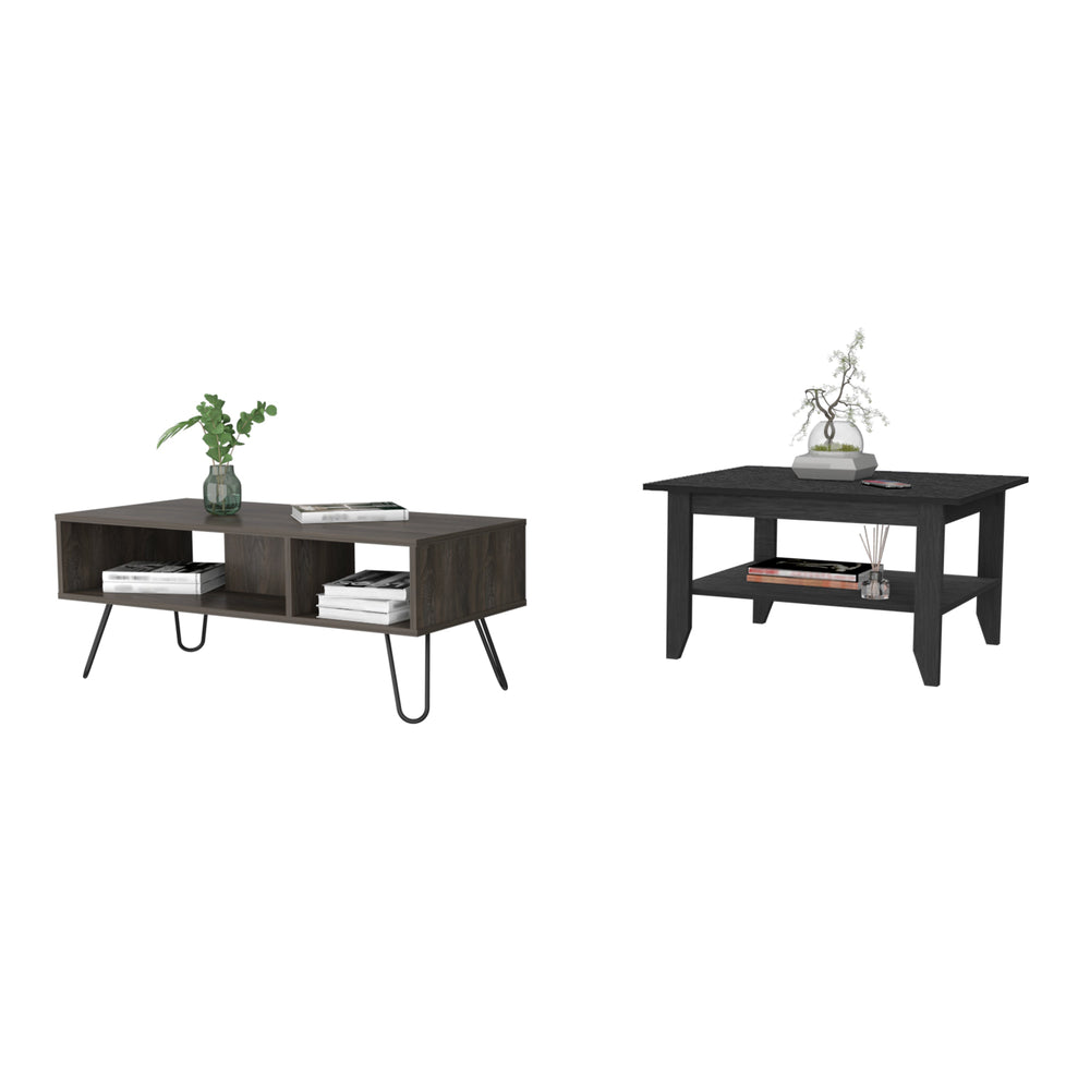 English Elm 2-Piece Modern Coffee Table Set In Wenge & Charcoal - Stylish Storage, Hairpin Legs, Easy Assembly B062S00249