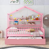 Hearth and Haven Wooden Twin Size House Bed with Trundle, Kids Bed with Shelf WF301682AAH