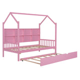 English Elm Wooden Twin Size House Bed With Trundle,Kids Bed With Shelf,Pink