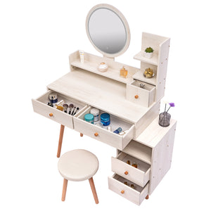 English Elm CRAZY Elegant Vanity Table Set with Cushioned Stool, Touch LED Mirror, 5 Drawers & Spacious Storage, Adjustable Length W936110479