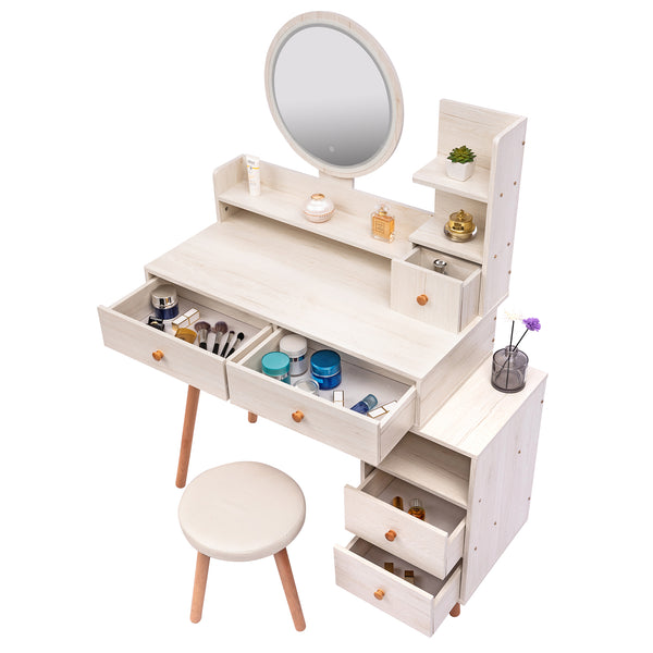 English Elm CRAZY Elegant Vanity Table Set with Cushioned Stool, Touch LED Mirror, 5 Drawers & Spacious Storage, Adjustable Length W936110479