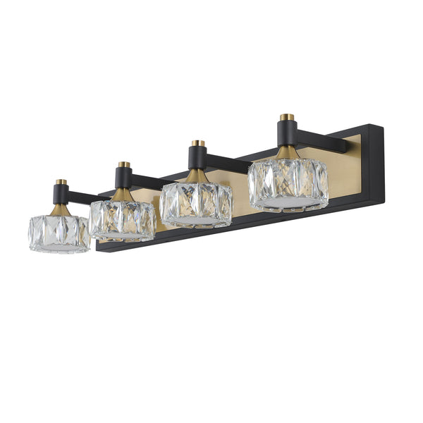 English Elm 28" Modern Crystal LED Vanity Light Black & Gold Finish — 4-Light Elegant Bathroom Wall Sconce, Rust-Resistant Luxury W1340110605