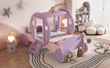 English Elm Twin Size Princess Carriage Bed With Crown,Wood Platform Car Bed With Stair,Purple+Pink