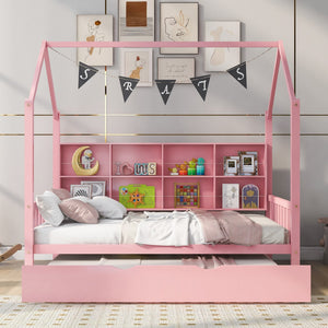 English Elm Wooden Full Size House Bed With Trundle,Kids Bed With Shelf,Pink