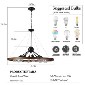 English Elm (New 8-Light Retro Farmhouse Chandelier - 31.5" Rustic Industrial Circular Pendant, Adjustable Chain, E26 Bulb Base W1340111208