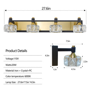 English Elm 28" Modern Crystal LED Vanity Light Black & Gold Finish — 4-Light Elegant Bathroom Wall Sconce, Rust-Resistant Luxury W1340110605