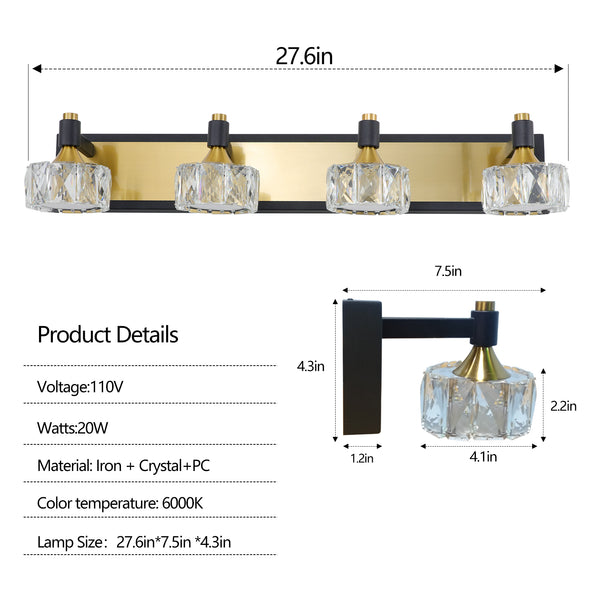 English Elm 28" Modern Crystal LED Vanity Light Black & Gold Finish — 4-Light Elegant Bathroom Wall Sconce, Rust-Resistant Luxury W1340110605