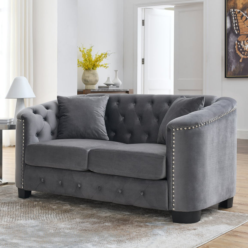 English Elm 59-Inch Modern Chesterfield Velvet Sofa with Tufted Back & Nailhead Arms, Plush 2-Seater Comfort Grey W834S00519