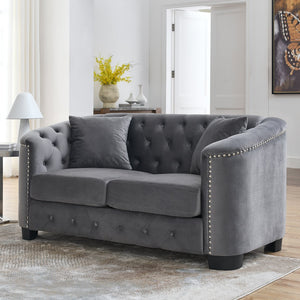 English Elm 59-Inch Modern Chesterfield Velvet Sofa with Tufted Back & Nailhead Arms, Plush 2-Seater Comfort Grey W834S00519