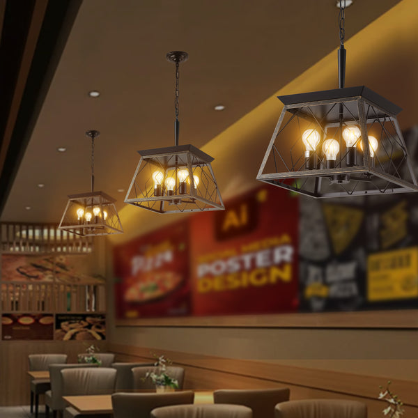 English Elm Farmhouse 4-Light Vintage Chandelier - Retro Iron Trapezoid Pendant, Adjustable Chain, E26 Bulbs W1340111204