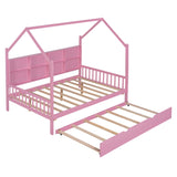 English Elm Wooden Full Size House Bed With Trundle,Kids Bed With Shelf,Pink