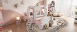 English Elm Twin Size Princess Carriage Bed With Crown ,Wood Platform Car Bed With Stair,White+Pink