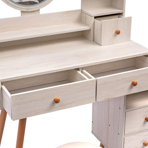 English Elm CRAZY Elegant Vanity Table Set with Cushioned Stool, Touch LED Mirror, 5 Drawers & Spacious Storage, Adjustable Length W936110479