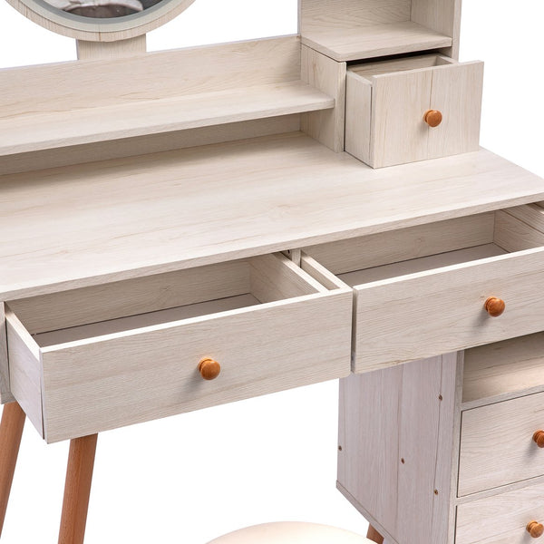 English Elm CRAZY Elegant Vanity Table Set with Cushioned Stool, Touch LED Mirror, 5 Drawers & Spacious Storage, Adjustable Length W936110479