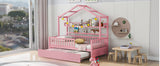 English Elm Wooden Twin Size House Bed With Trundle,Kids Bed With Shelf, Pink