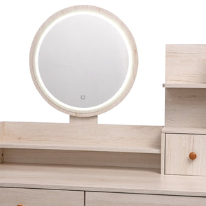 English Elm CRAZY Elegant Vanity Table Set with Cushioned Stool, Touch LED Mirror, 5 Drawers & Spacious Storage, Adjustable Length W936110479