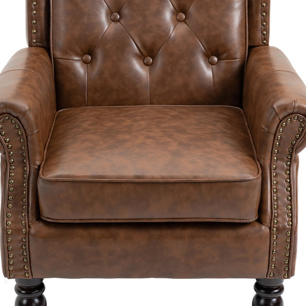 English Elm Wood Solid Frame Armchair Modern Accent Lounge Chair with Padded Foam Seat and Sturdy Rubberwood Legs Brown PU W395109980