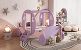 English Elm Twin Size Princess Carriage Bed With Crown,Wood Platform Car Bed With Stair,Purple+Pink