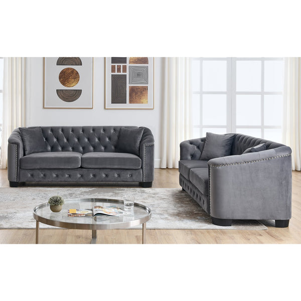 English Elm 3-Seater Velvet Grey Sofa Set - Elegant Design, Plush Comfort With Two Pillows For Living Spaces W834S00224