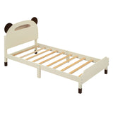 English Elm Twin Size Wood Platform Bed With Bear-Shaped Headboard,Bed With Motion Activated Night Lights,Cream+Walnut