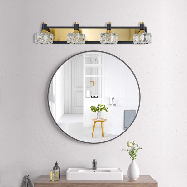 English Elm 28" Modern Crystal LED Vanity Light Black & Gold Finish — 4-Light Elegant Bathroom Wall Sconce, Rust-Resistant Luxury W1340110605