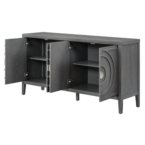 English Elm Trexm Vintage Four Door Sideboard Rubberwood Carved Panels Round Handles Dining Storage Gray WF307723AAE