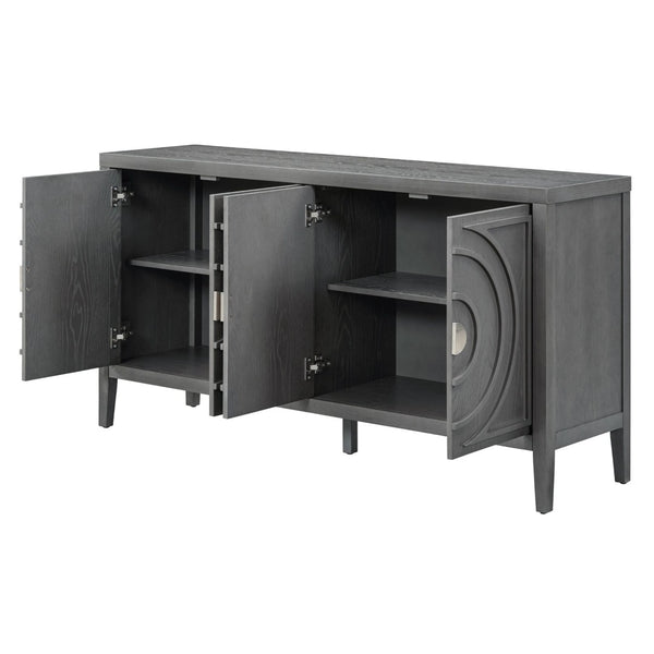 English Elm Trexm Vintage Four Door Sideboard Rubberwood Carved Panels Round Handles Dining Storage Gray WF307723AAE