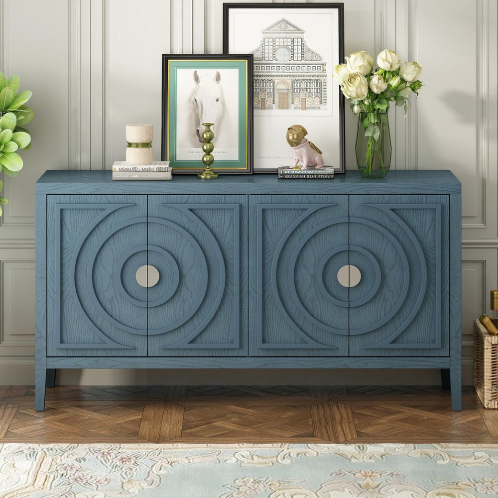 English Elm Trexm Vintage Four Door Sideboard Rubberwood Carved Panels Round Handles Dining Storage Antique Blue WF307723AAM