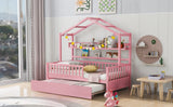 English Elm Wooden Twin Size House Bed With Trundle,Kids Bed With Shelf, Pink