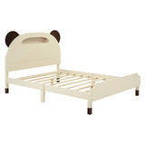 English Elm Full Size Wood Platform Bed With Bear-Shaped Headboard,Bed With Motion Activated Night Lights,Cream+Walnut