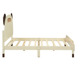 English Elm Full Size Wood Platform Bed With Bear-Shaped Headboard,Bed With Motion Activated Night Lights,Cream+Walnut