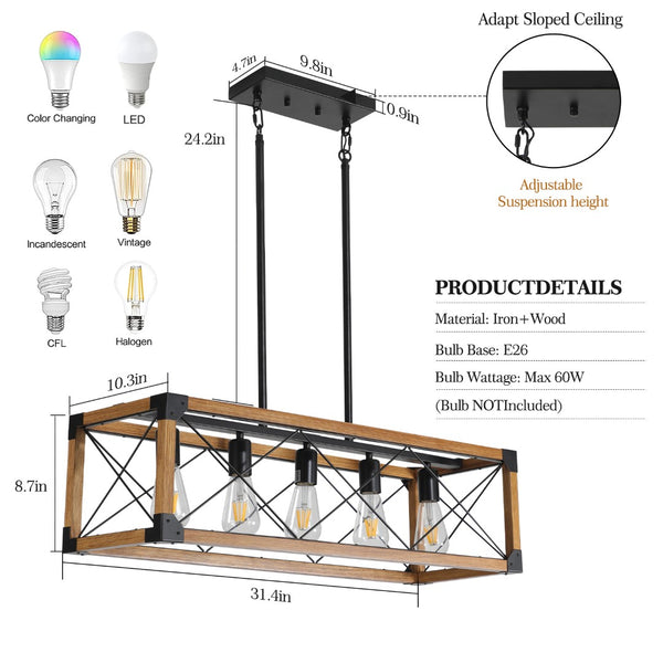 English Elm (same as W1340111207) Walnut Iron Five-light Rectangle Chandelier for Kitchen or Dining W1340P206643