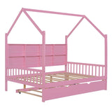 English Elm Wooden Full Size House Bed With Trundle,Kids Bed With Shelf,Pink